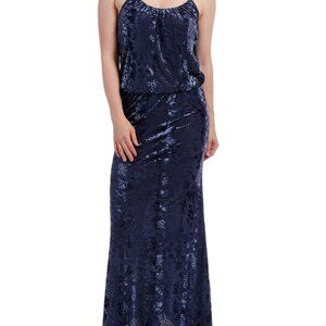 Noble Mount Women's Velvet Burnout Blouson Maxi Dress, Midnight Blue Scales